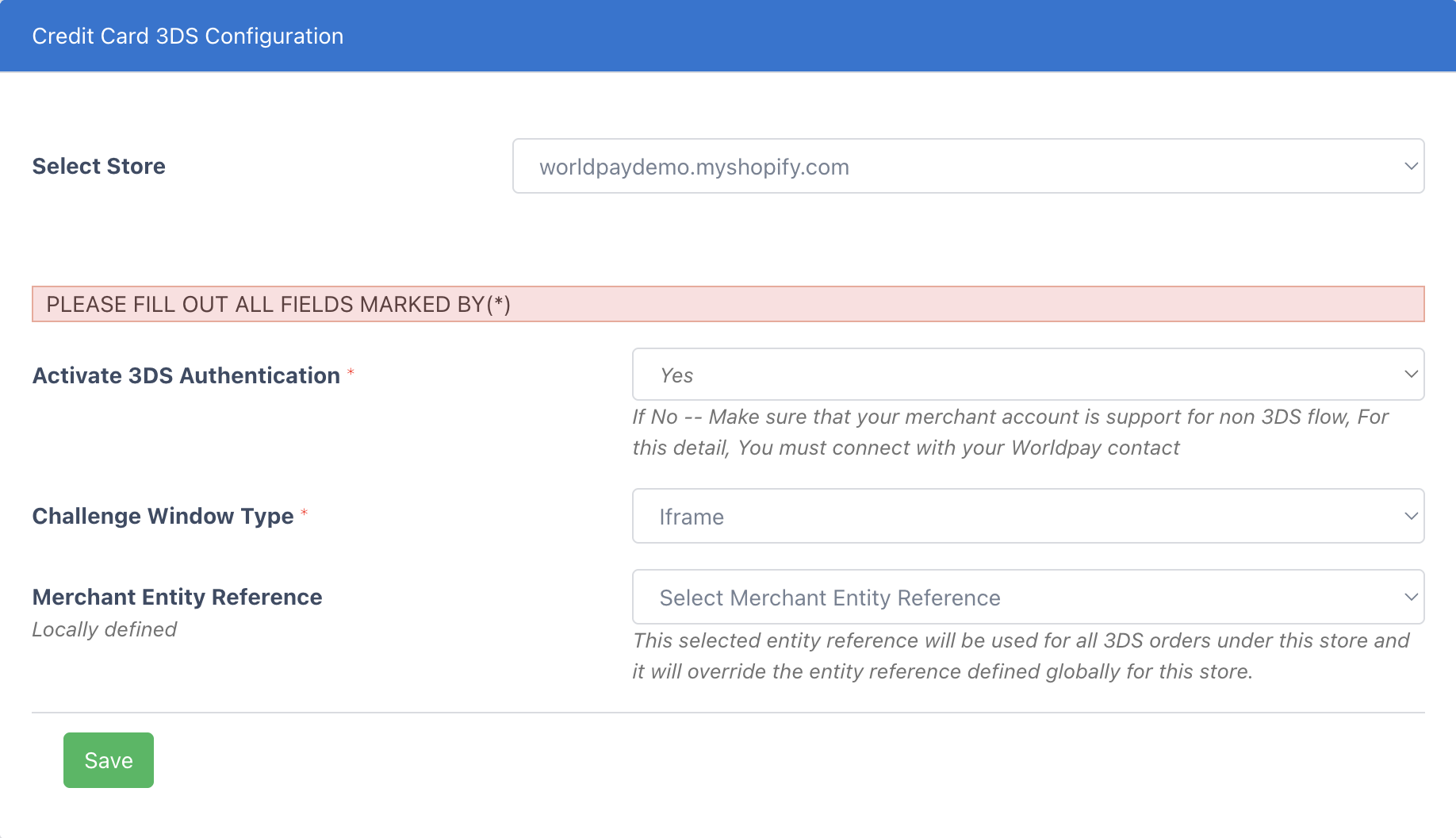 Credit Card 3DS Configuration screenshot