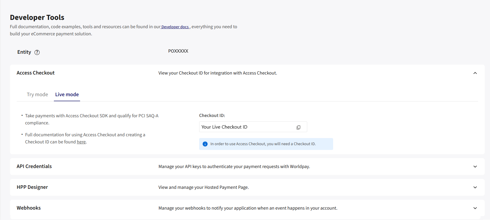 Live mode Checkout ID example screenshot