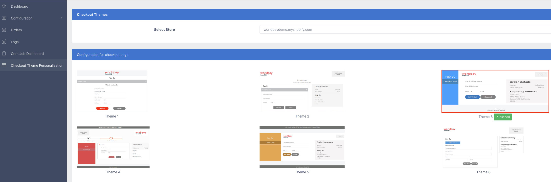 Checkout theme personalization page screenshot