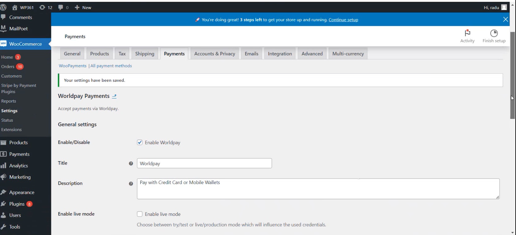 WordPress Payments tab, enable Worldpay box screenshot