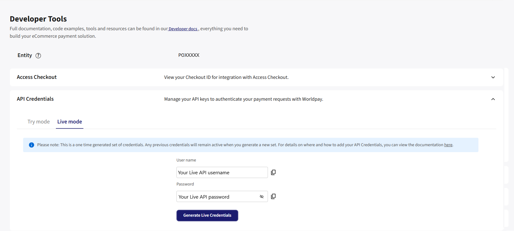 Dashboard Live mode username and password example screenshot