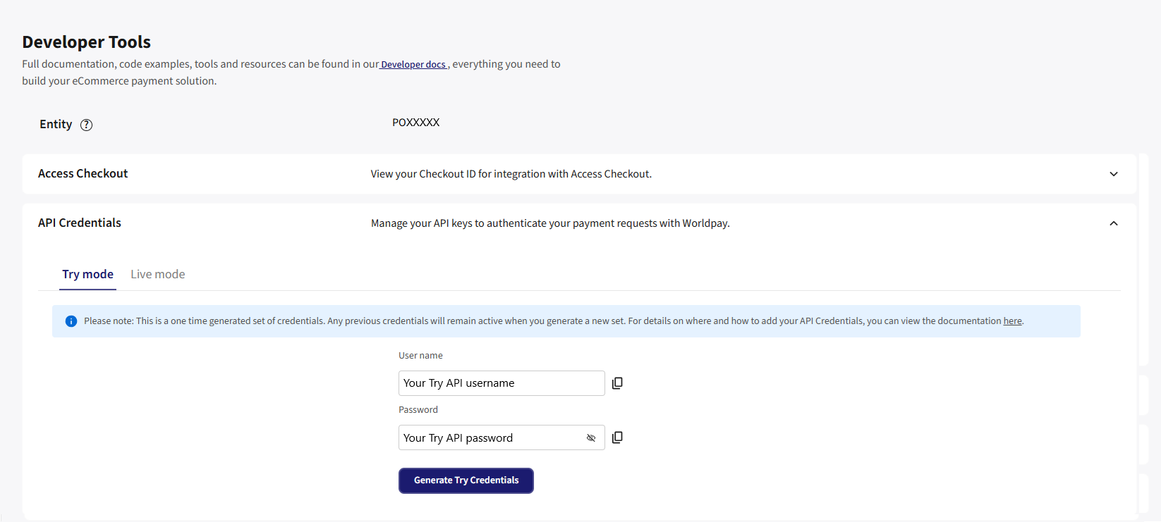 Dashboard Try username and password example screenshot
