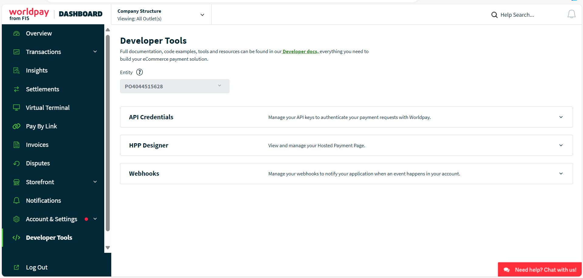 Dashboard API credentials example screenshot