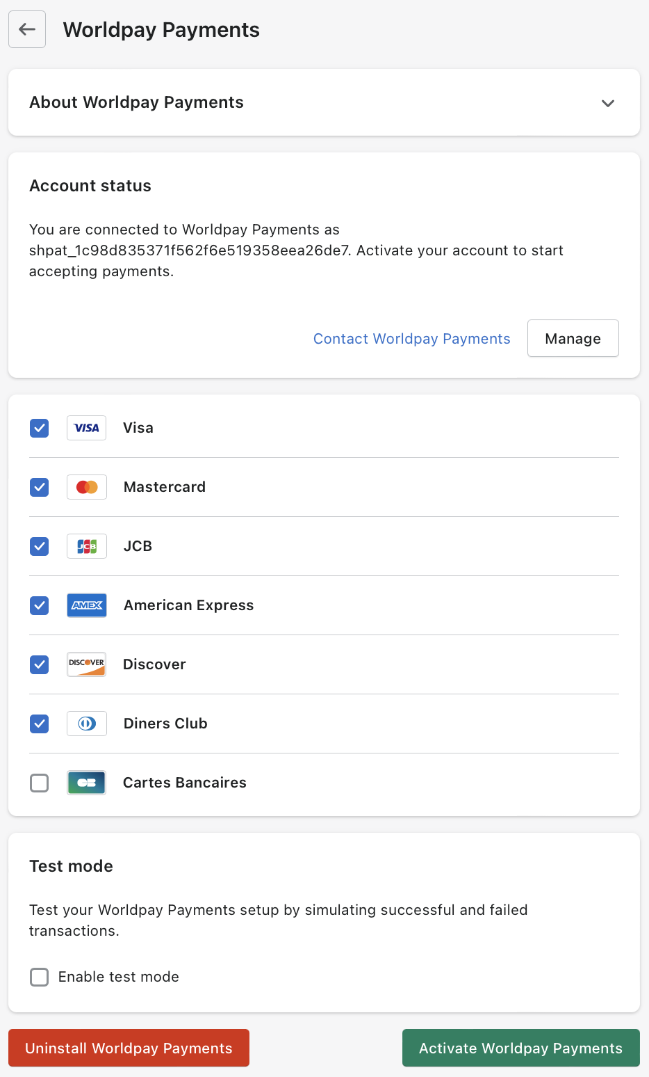 Activate Worldpay Payments button screenshot