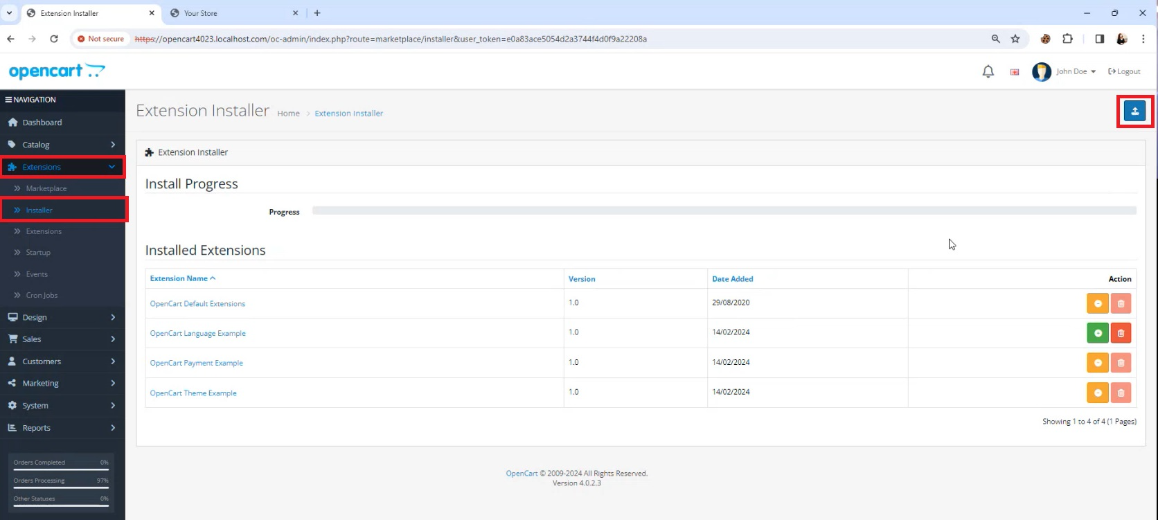 Extension installer screenshot