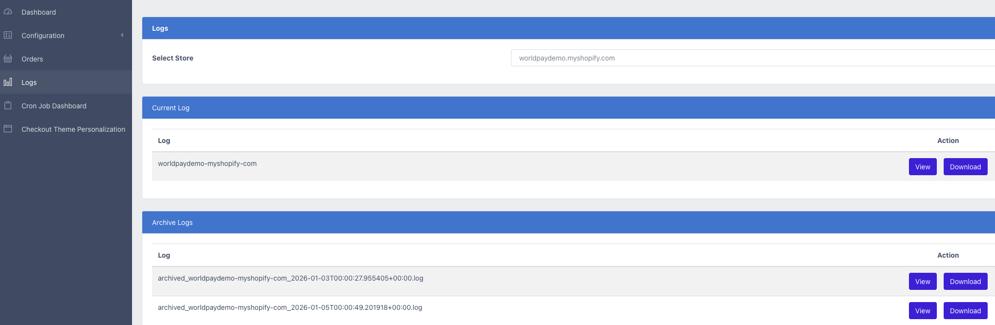 Logs page screenshot