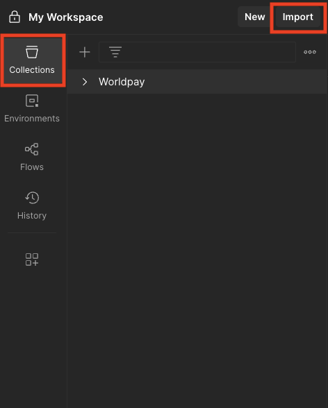 Postman screenshot highlighting Collections tab and Import button