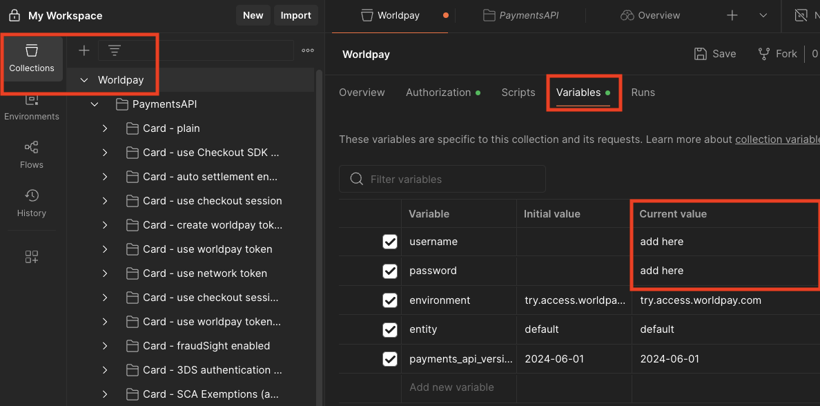 Postman screenshot highlighting Worldpay collection, Variables tab, and Current Value fields