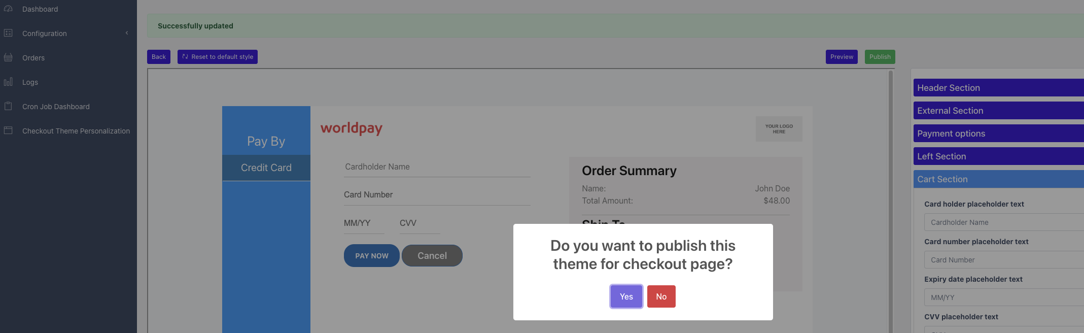 Publish confirmation button screenshot