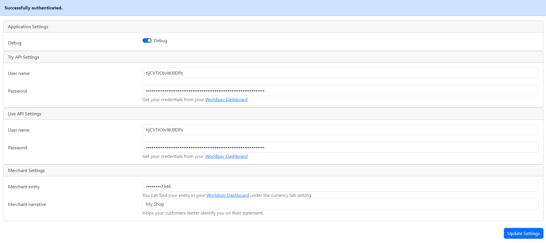 Credentials form screenshot